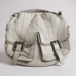Betsey Johnson White/Stone Leather XL Satchel Bag Vintage‎ Boho Croquet Western